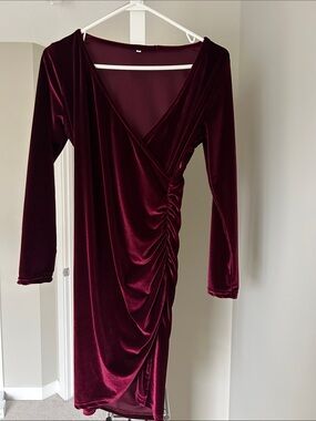 Velvet Wrap Ruched Long-Sleeve Dress - Burgundy